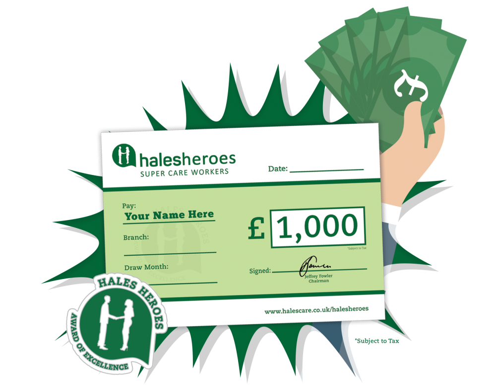 mock-up of hales heroes draw badge and cheque